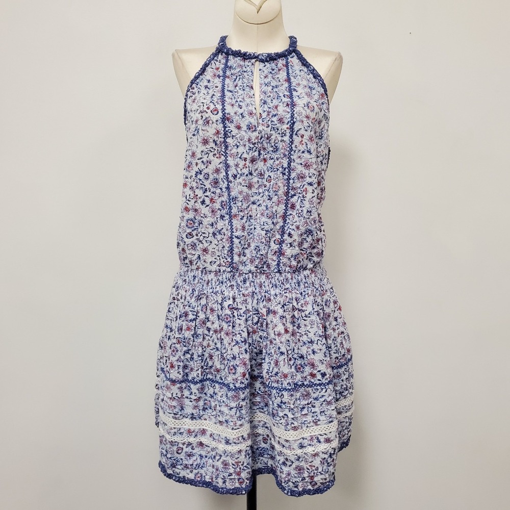 Poupette St Barth Knee Length Floral Dress Size S Cotton Drop Waist Garden Blue